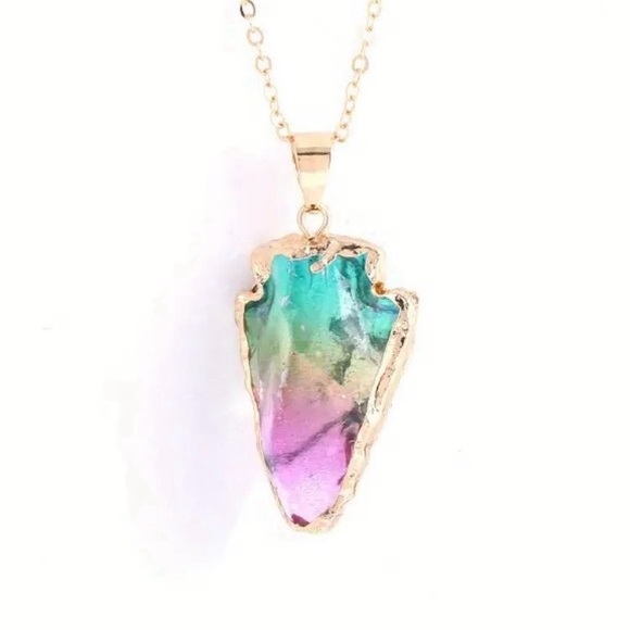 Ombre Arrowhead- Angel Aura Rainbow Quartz Striking Tip Point Head Gold Necklace - Picture 3 of 9